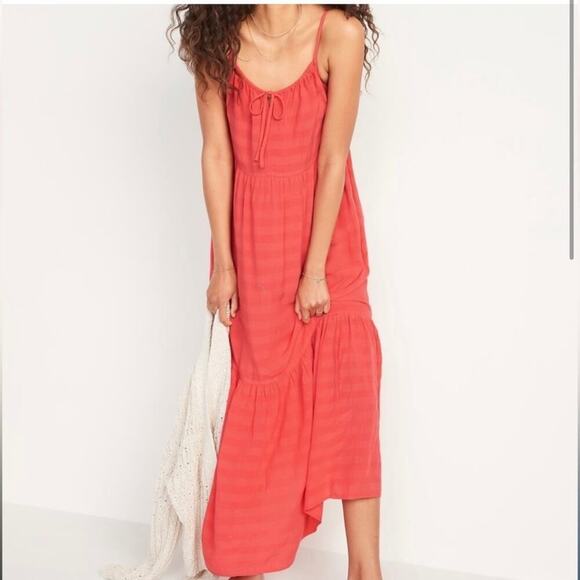 Old Navy Tiered Flowy Sundress Pink Coral Small Beachy Boho Tropical Vacation - Picture 1 of 14